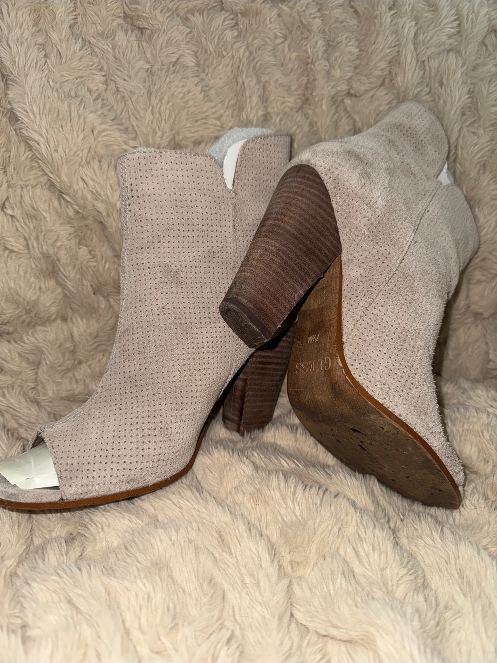 Guess Taupe Perforated Suede Peep-Toe Heel Booties